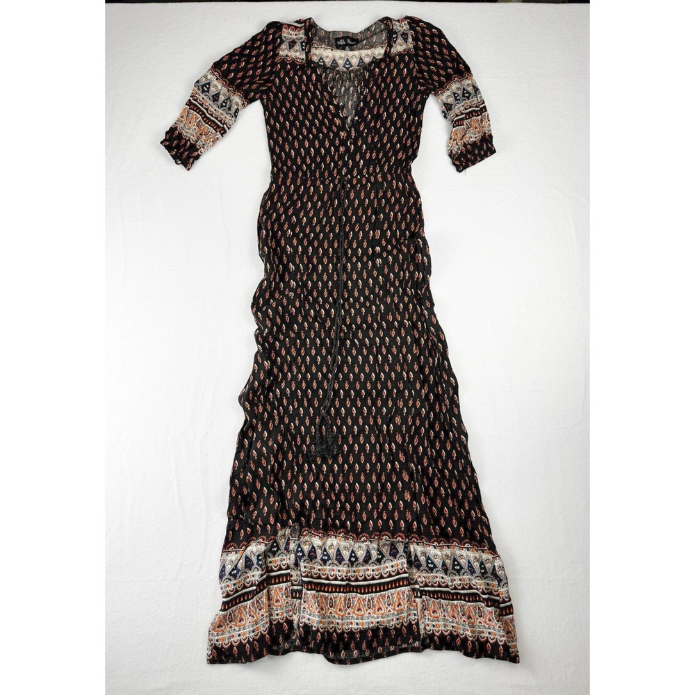 Wild Rose Boho Maxi Dress Black Orange Geometric Tribal Print V-Neck Tassel Tie